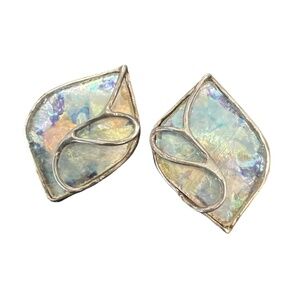 Vtg URI RAMOT Earrings ISRAEL 950 Silver Modernist Antique Roman Glass Clip on